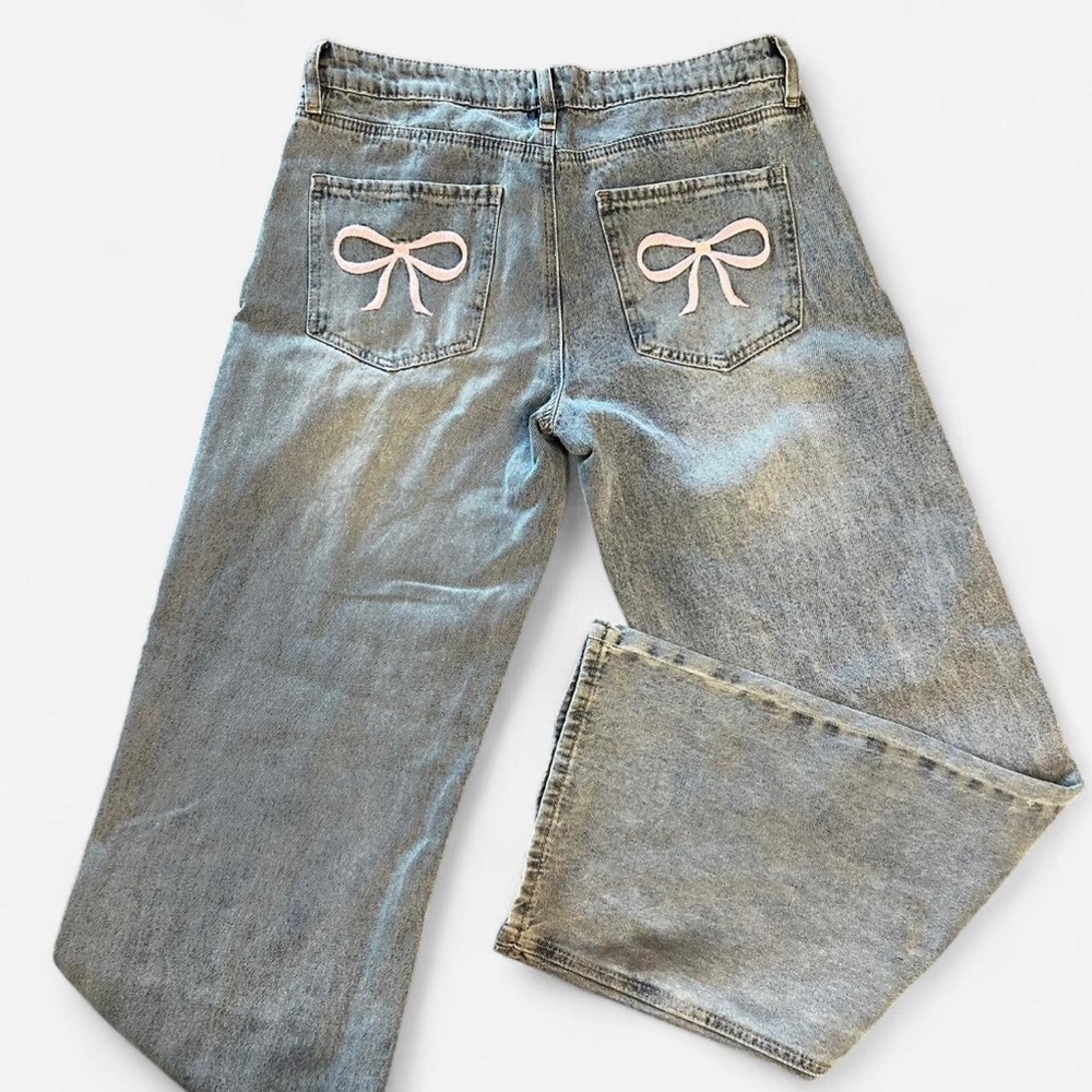 Ashley Mason Wide Leg Jeans‎ Back Bow Embroidery size 5/27